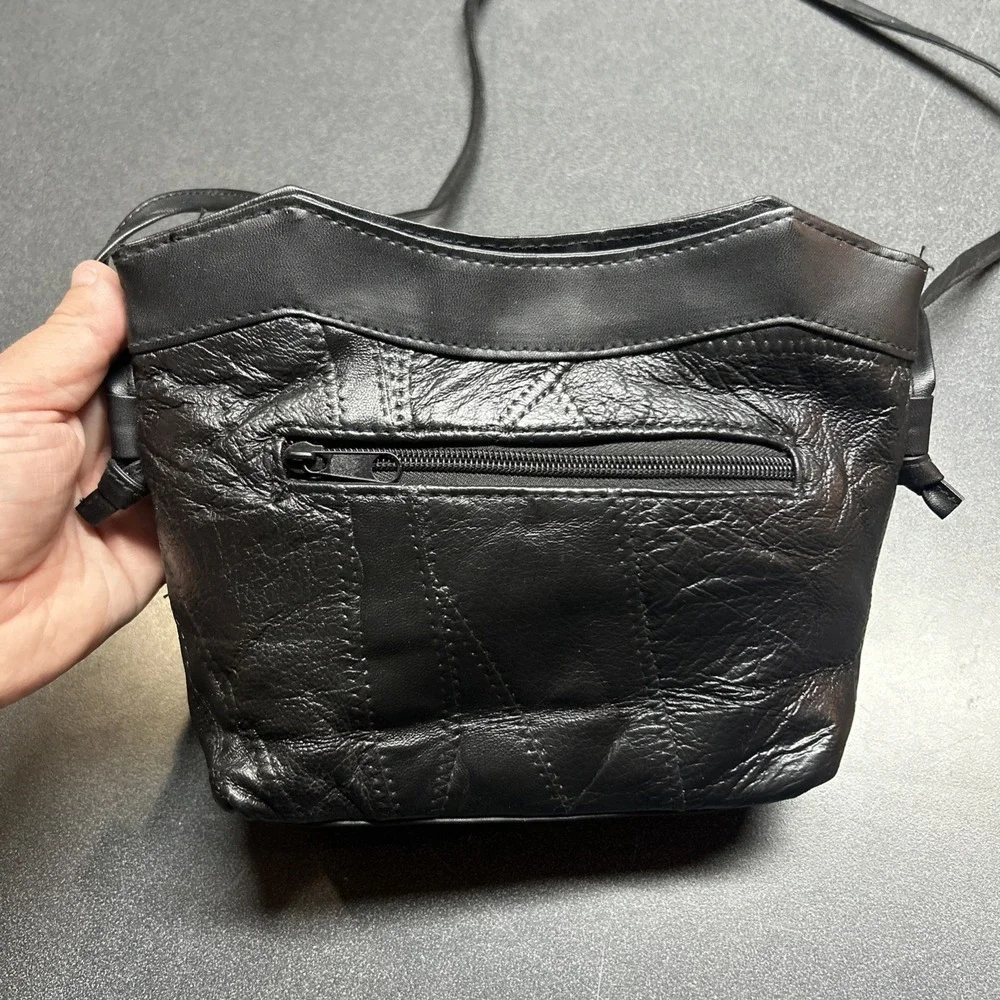 Vintage 1980s Black Leather Textured Patchwork Purse Shoulder Bag 90s Grunge